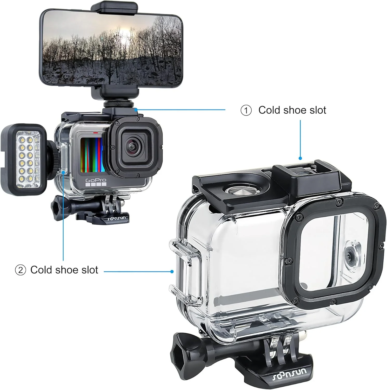 کیس ضد آب SOONSUN با دسته شناور برای GoPro Hero 13/12/11/10/9 Black، محفظه زیرآبی 60 متری با فیلتر قرمز، مانت کفشک سرد یکپارچه برای نور و میکروفون