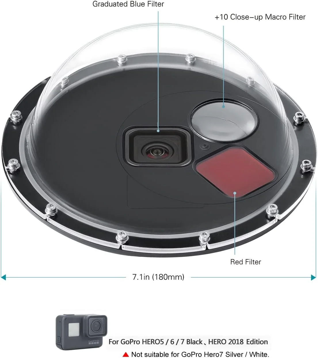 پورت Dome SOONSUN برای GoPro Hero 5 6 7 Black، لنز Dome زیر آب با محفظه ضد آب دارای فیلتر قرمز قابل تعویض داخلی، فیلتر ماکرو 10x Close-up و حالت استاندارد