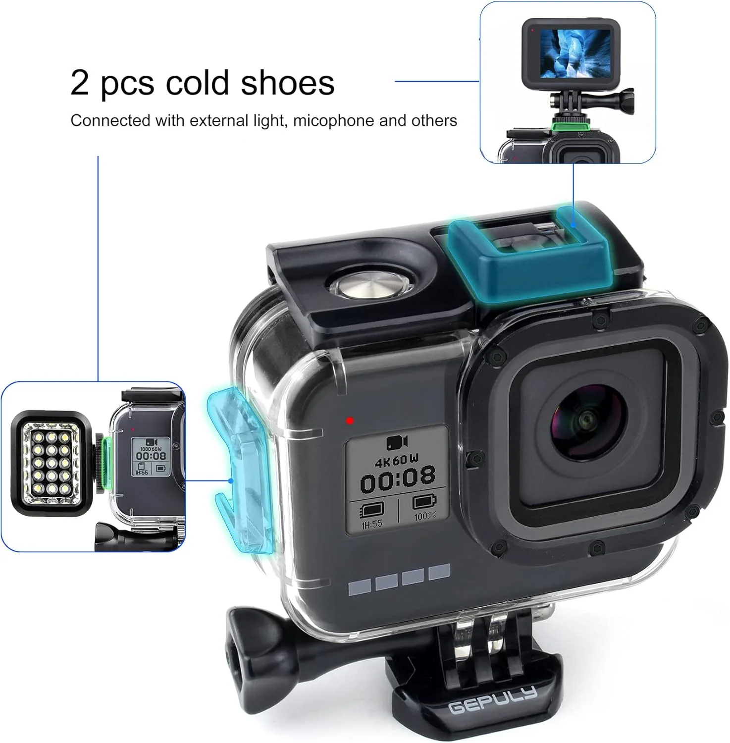 محفظه ضد آب GEPULY برای GoPro Hero 8 Black - محافظ غلاف غواصی زیر آب 60 متری (196 فوت) با 2 آداپتور کفشک سرد، لوازم جانبی دوربین اکشن