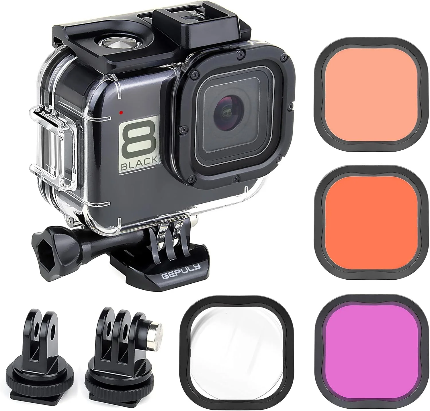محفظه ضد آب GEPULY برای GoPro Hero 8 Black به همراه فیلتر غواصی 4 عددی، محفظه غواصی زیر آب 60 متری با فیلترهای قرمز، قرمز روشن، سرخابی و کلوزآپ برای دوربین GoPro Hero 8 Black