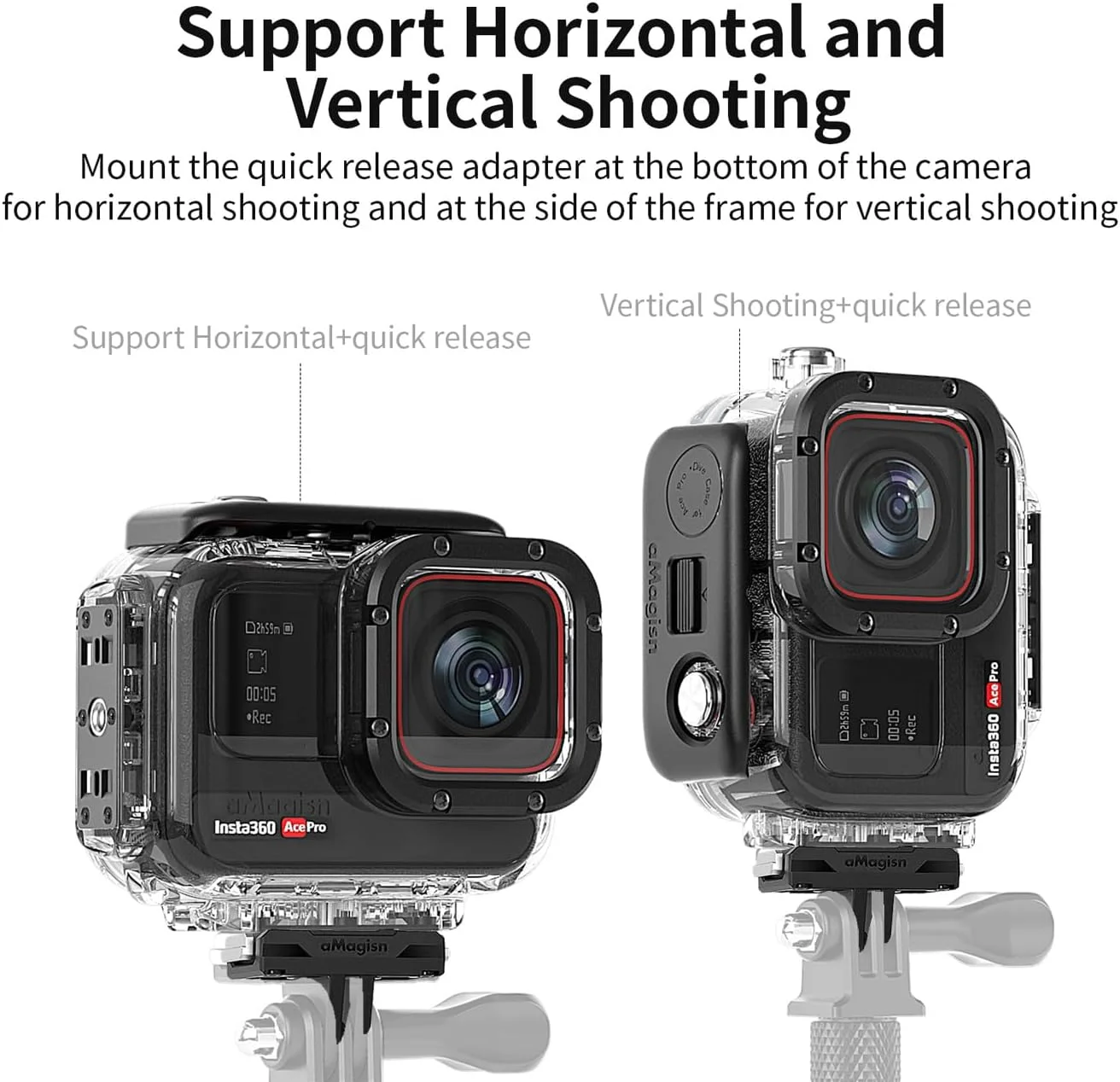 محفظه ضد آب سازگار با Insta 360 Ace Pro، عمق 60 متر، پایه نصب سریع افقی-عمودی، محافظ صفحه نمایش