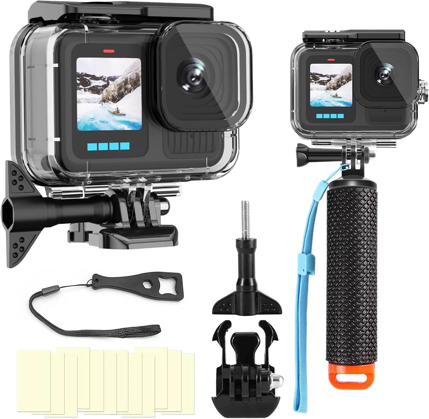 محفظه ضد آب سازگار با گو پرو هیرو ۱۳ ۱۲ ۱۱ ۱۰ ۹ مشکی، محافظ زیر آب تا عمق ۶۰ متر با دسته و لوازم جانبی