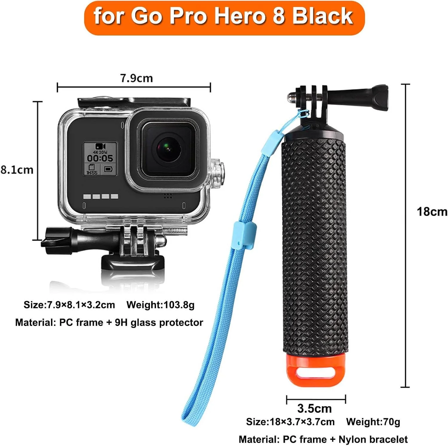 محفظه ضد آب سازگار با گو پرو هیرو 8 بلک، عمق 60 متر، با دسته و لوازم جانبی