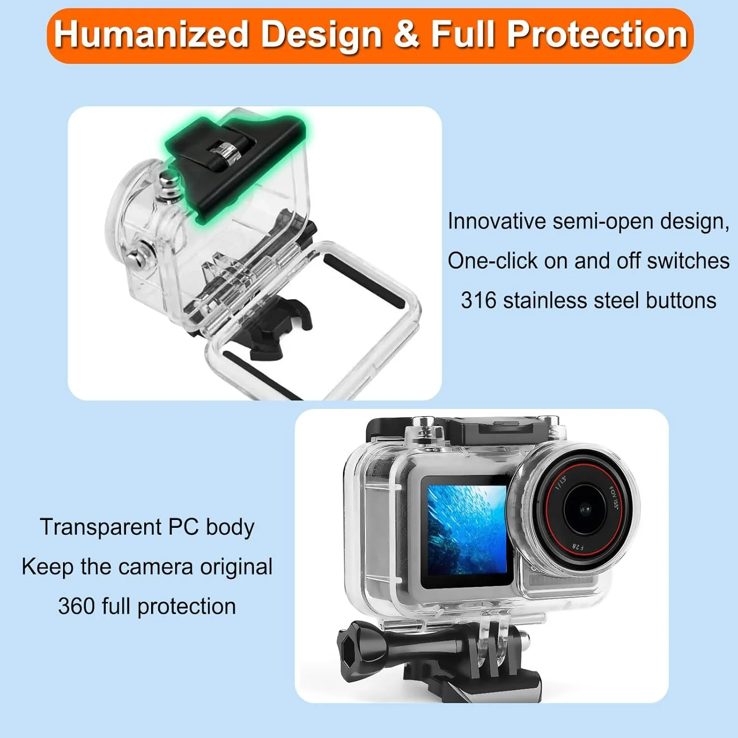 محفظه ضد آب زیر آب سازگار با DJI Osmo Action 5 Pro/Action 4/Action 3، پوشش محافظ غواصی تا عمق 50 متری با کیت لوازم جانبی دسته و پایه دوربین