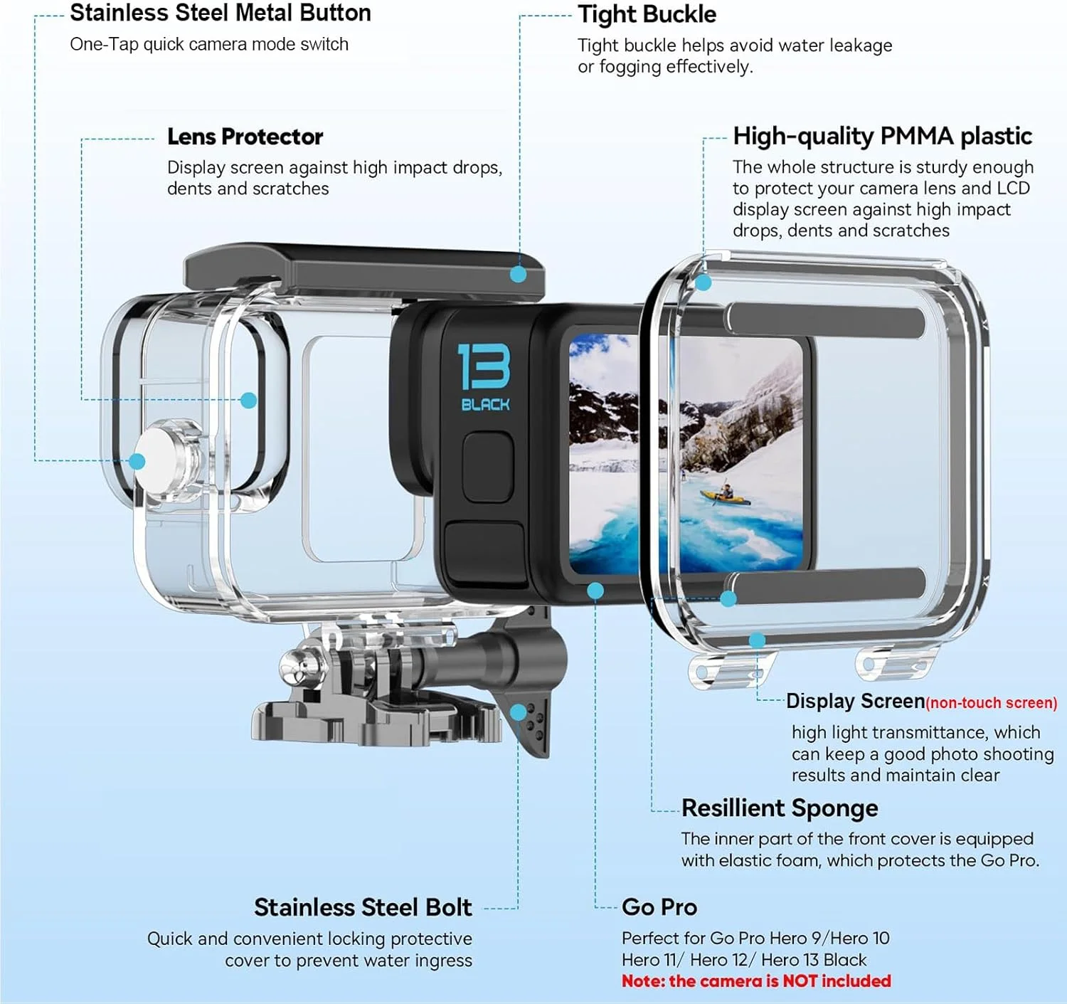 محفظه محافظ ضد آب BO&DQQ سازگار با گو پرو هیرو 13، 12، 11، 10، 9 مشکی، کیت لوازم جانبی محفظه غواصی زیر آب 60 متری