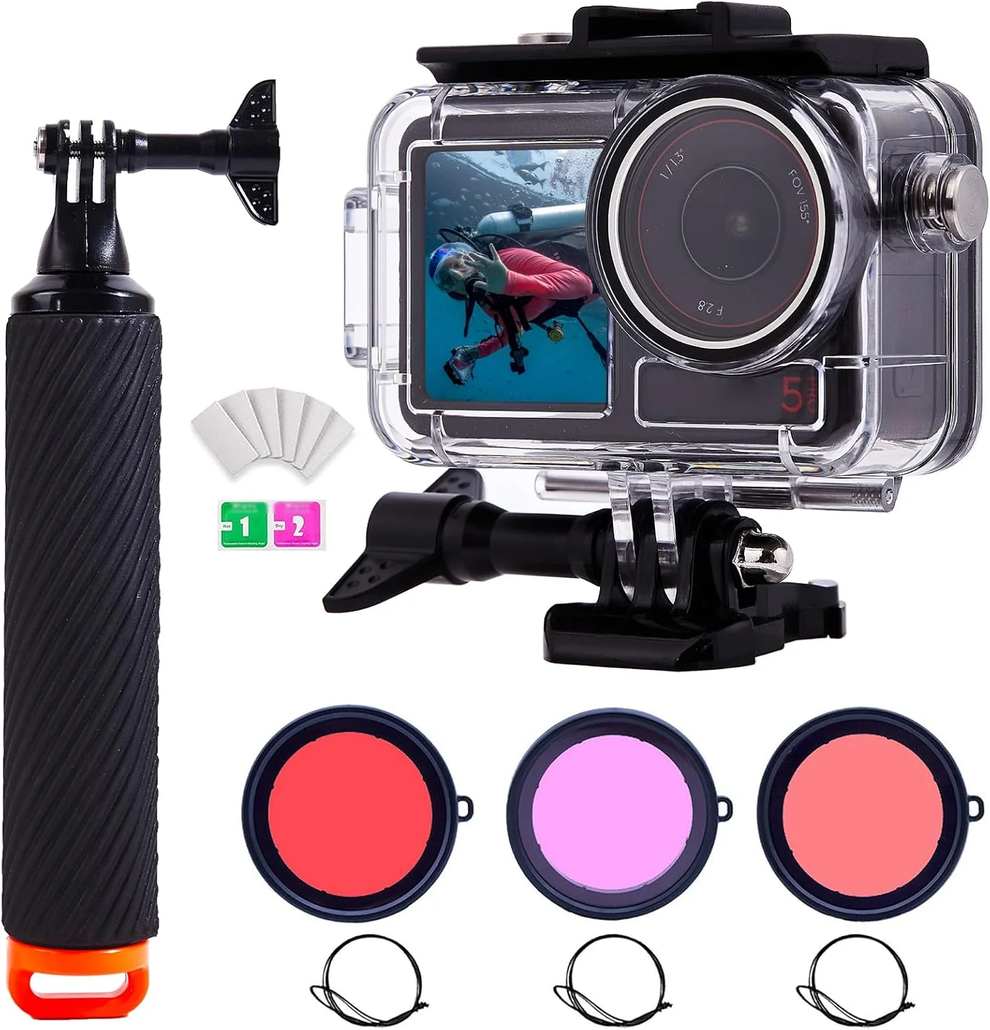 محفظه ضد آب دوربین برای DJI Osmo Action 5 Pro/4/3، پوسته محافظ غواصی زیر آب 60 متری با دسته شناور و کیت لوازم جانبی ترکیبی فیلترهای غواصی 3 عددی
