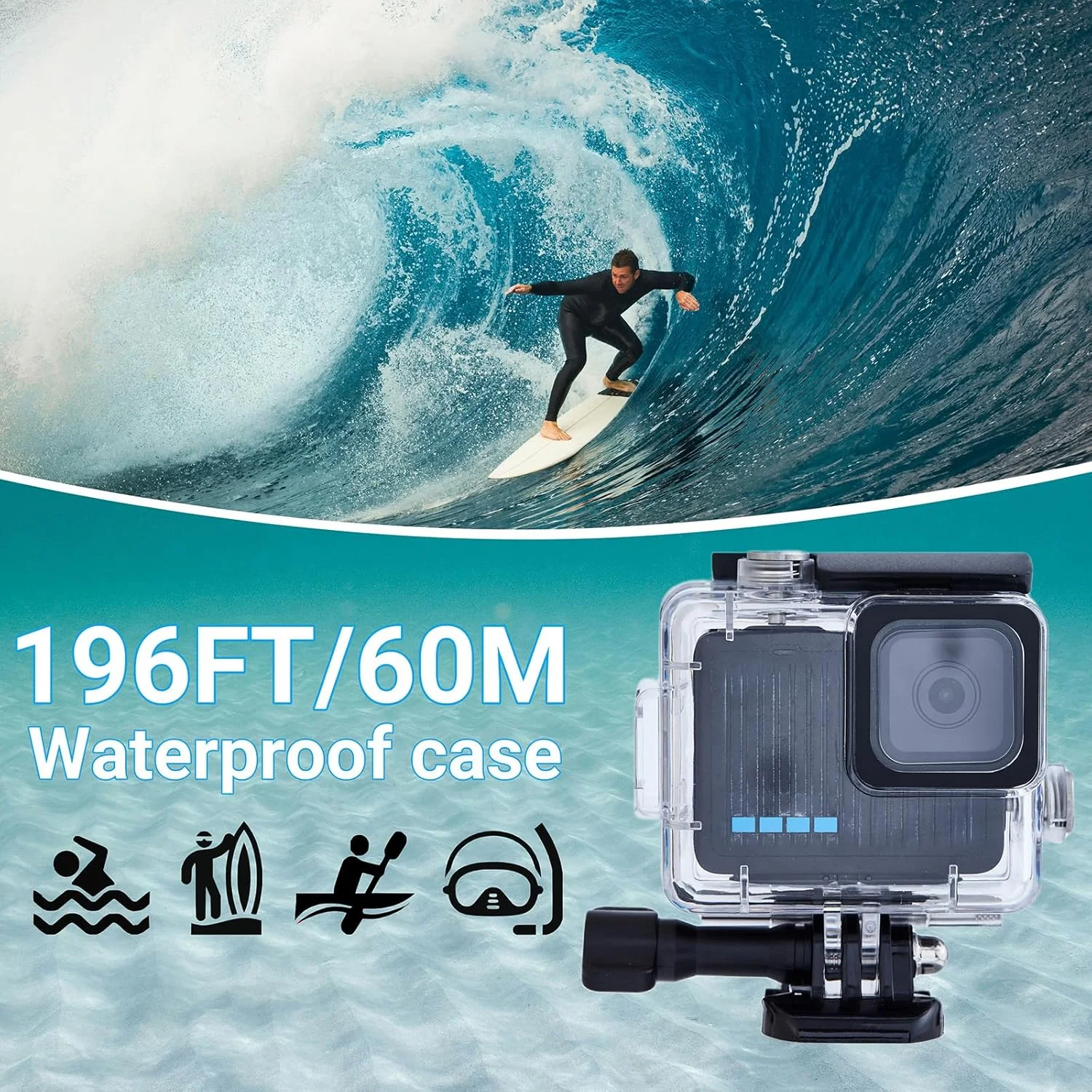 محفظه ضد آب برای GoPro Hero 4K، عمق 60 متری مناسب عکاسی در زیر آب، کیت لوازم جانبی با محافظ دوربین اکشن، سازگار با موج سواری، غواصی سطحی و غواصی اسکوبا