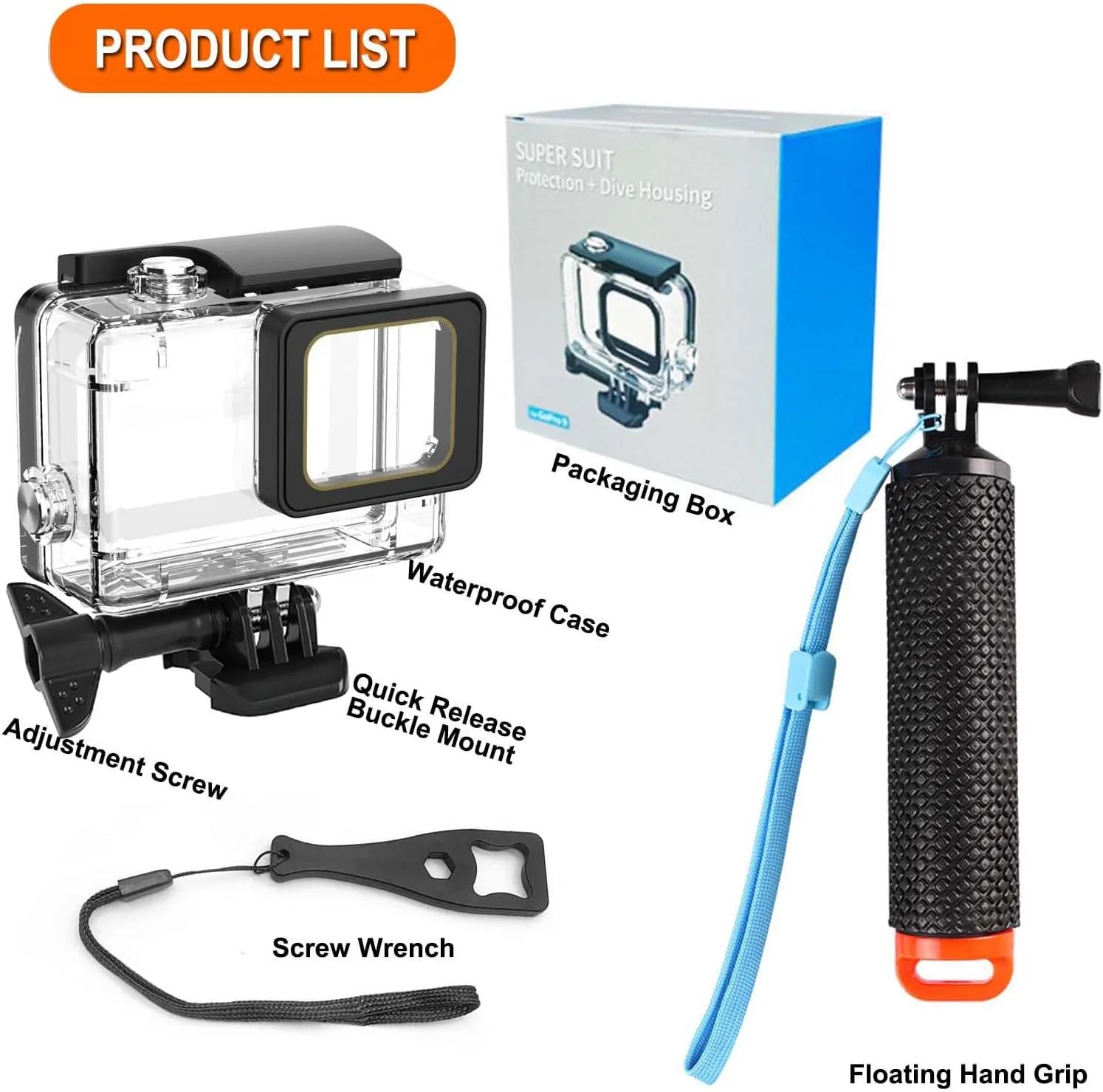 محفظه ضد آب سازگار با گو پرو هیرو (2018) 7 6 5 مشکی، قاب محافظ زیر آب تا عمق 45 متر، به همراه دسته و کیت لوازم جانبی