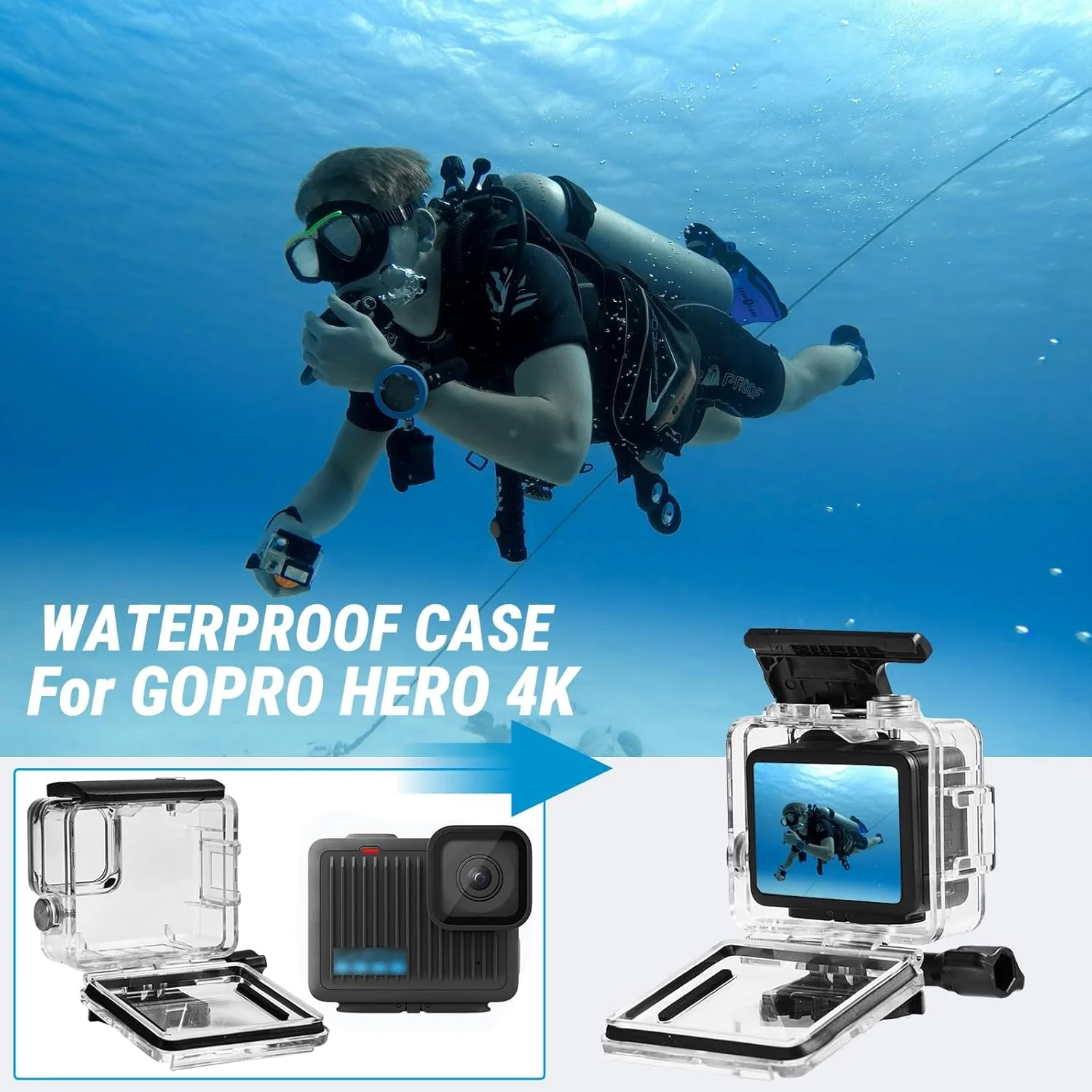 محفظه ضد آب برای GoPro Hero 4K، عمق 60 متری مناسب عکاسی در زیر آب، کیت لوازم جانبی با محافظ دوربین اکشن، سازگار با موج سواری، غواصی سطحی و غواصی اسکوبا