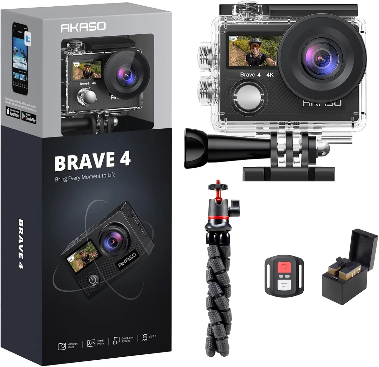 دوربین اکشن AKASO Brave 4 به همراه پایه سه پایه انعطاف پذیر
