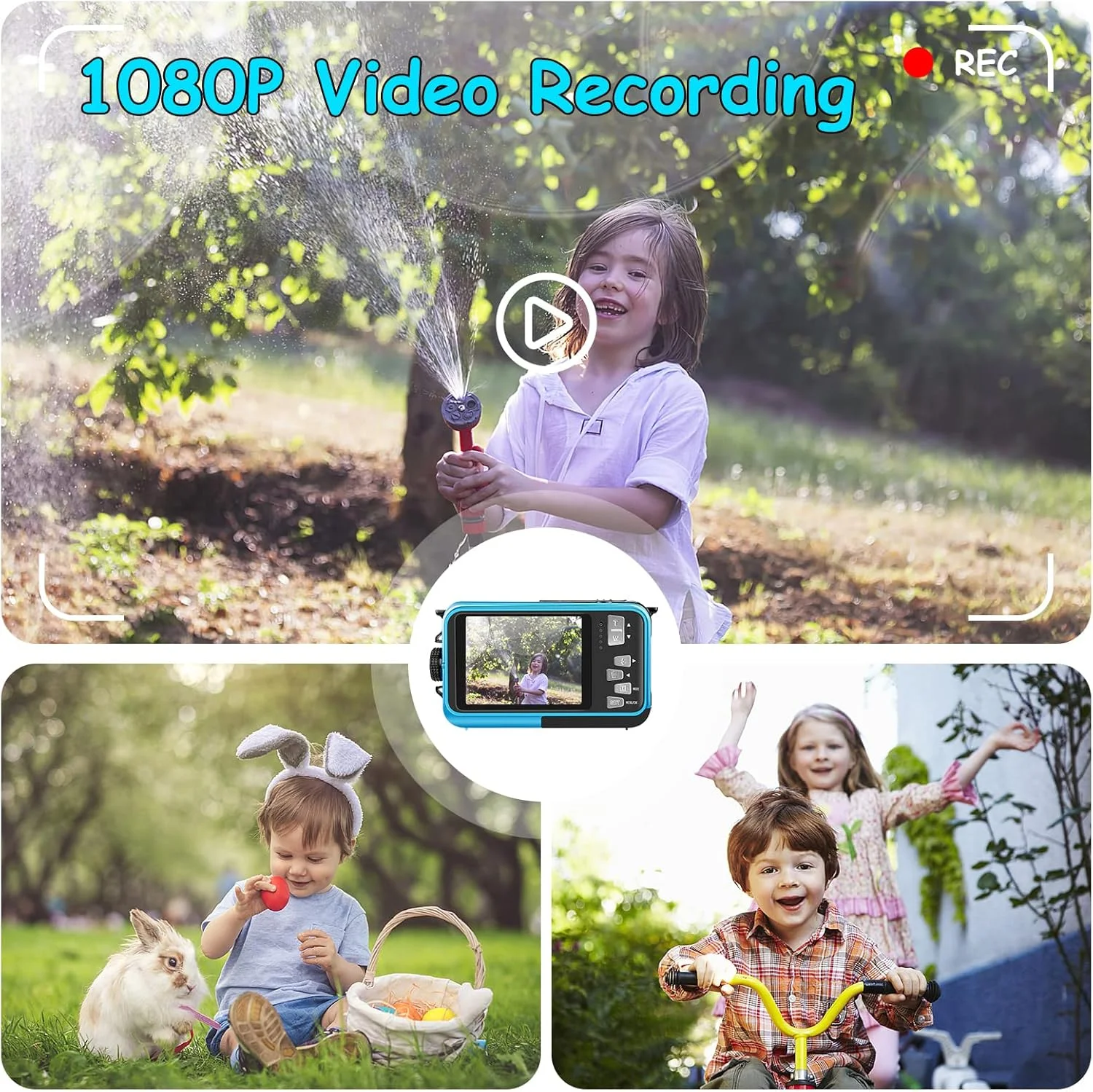 دوربین ضد آب با کارت حافظه 32 گیگابایتی، 30 مگاپیکسل FHD 1080P، زوم دیجیتال 16X، دوربین دیجیتال جمع و جور مناسب کودکان برای غواصی، آبی