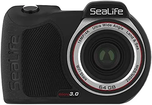 دوربین زیرآبی SeaLife Micro 3.0 با حافظه 64 گیگابایت، 16 مگاپیکسل، 4K برای عکاسی و فیلمبرداری زیر آب، راه اندازی آسان، انتقال بی سیم; شامل کیف و بند مچی (بهبود یافته/مشکی)