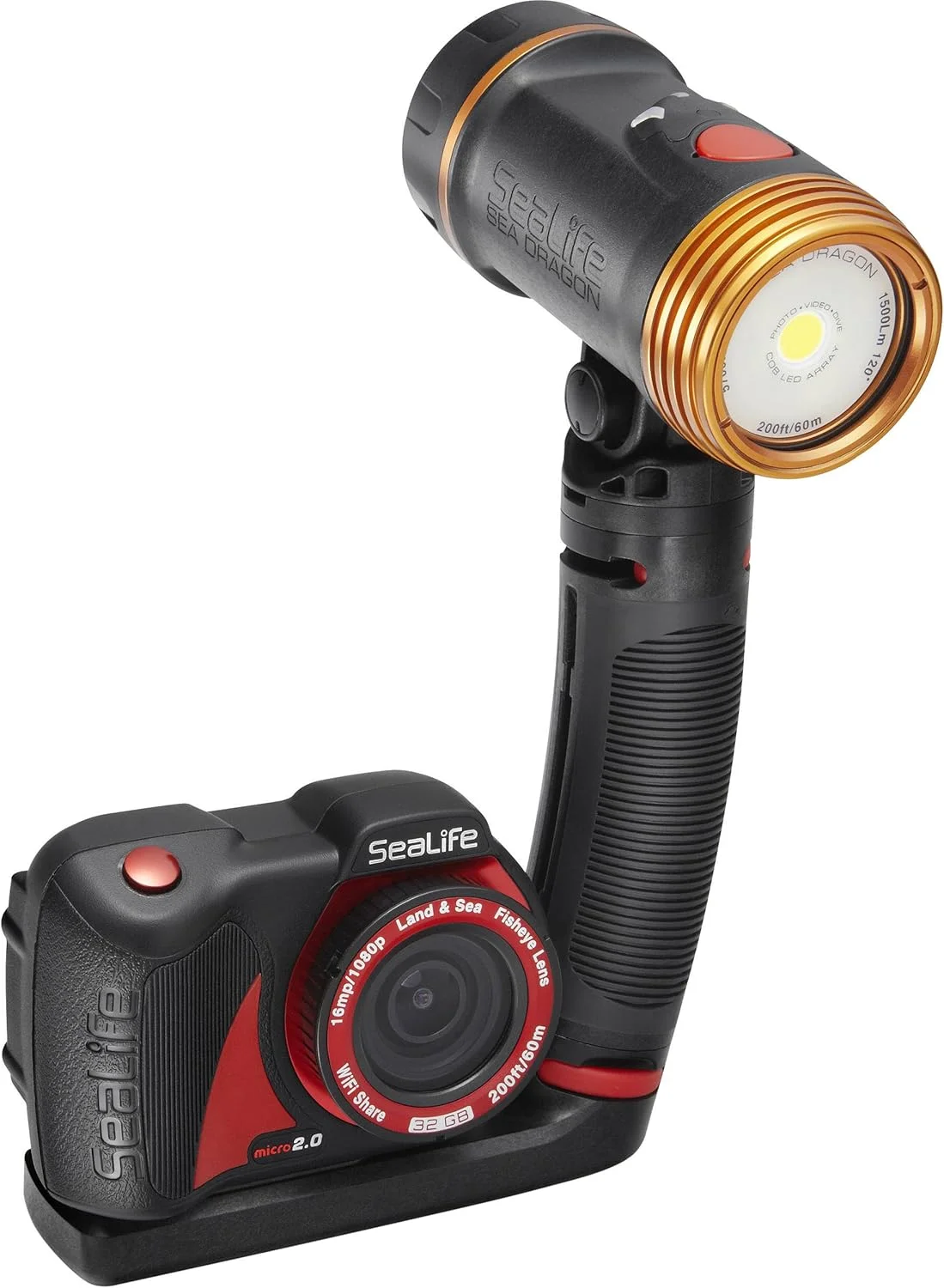 مجموعه SeaLife Micro 2.0 Pro 1500 شامل دوربین دیجیتال وای‌فای زیرآبی 32 گیگابایتی، چراغ Sea Dragon 1500 لومن، کیف Sea Dragon، سینی و دستگیره Flex-Connect Micro