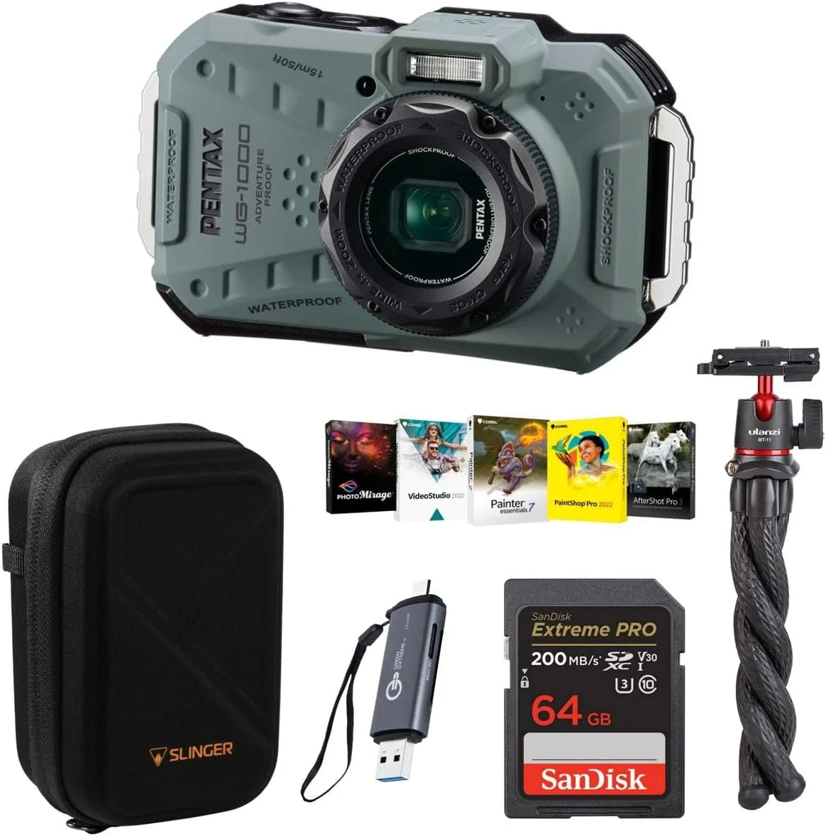 دوربین همه کاره Pentax WG-1000 - زیتونی، کیت لوازم جانبی