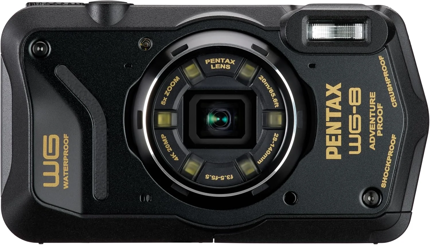 دوربین ماجراجویی مقاوم در برابر شرایط آب و هوایی PENTAX WG-8 مشکی، با عملکرد فوق العاده ضد آب، ضد گرد و غبار و مقاوم در برابر ضربه، دارای چراغ حلقه ای چند منظوره برای عکاسی ماکرو و عملکرد وب کم