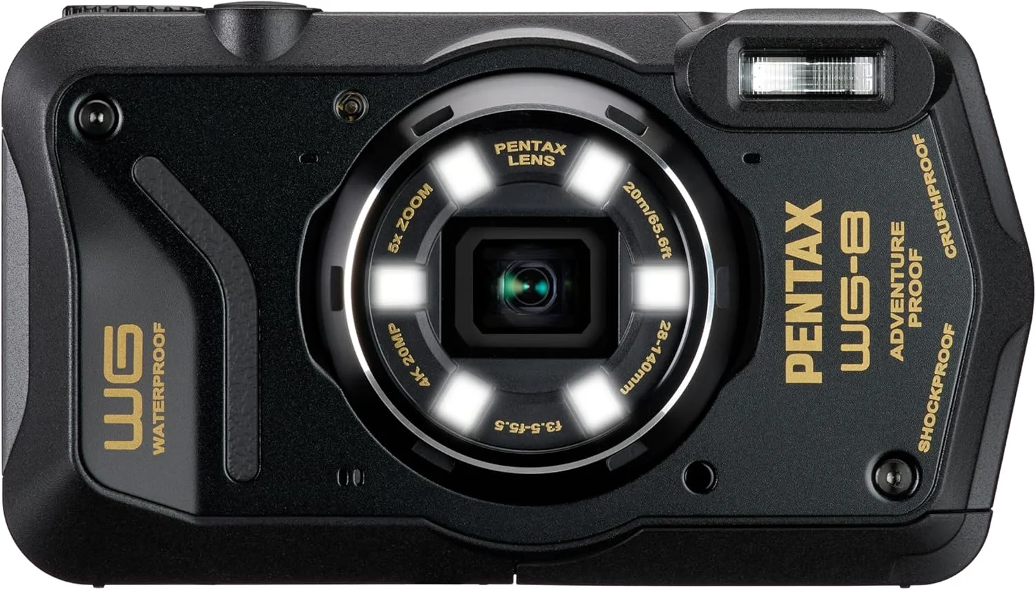 دوربین ماجراجویی مقاوم در برابر شرایط آب و هوایی PENTAX WG-8 مشکی، با عملکرد فوق العاده ضد آب، ضد گرد و غبار و مقاوم در برابر ضربه، دارای چراغ حلقه ای چند منظوره برای عکاسی ماکرو و عملکرد وب کم دوربین ماجراجویی مقاوم در برابر شرایط آب و هوایی PENTAX WG-8 مشکی، با عملکرد فوق العاده ضد آب، ضد گرد و غبار و مقاوم در برابر ضربه، دارای چراغ حلقه ای چند منظوره برای عکاسی ماکرو و عملکرد وب کم