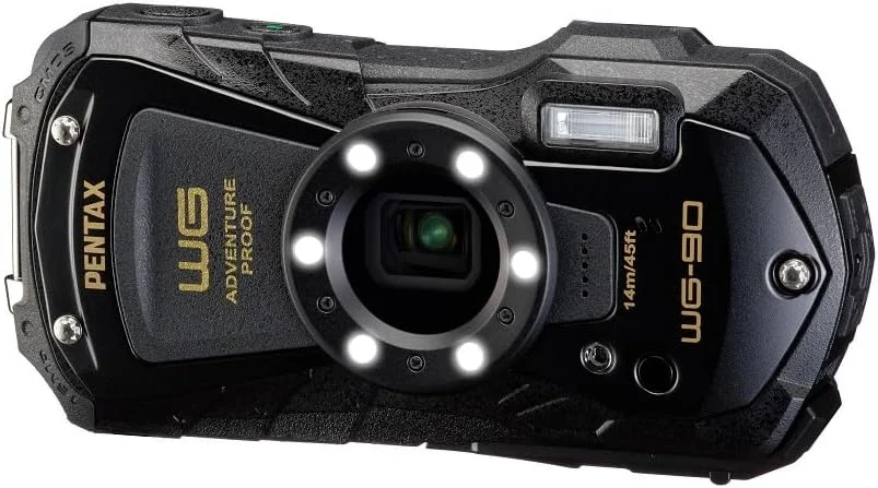 دوربین دیجیتال کامپکت ضد آب PENTAX WG-90 مشکی، مقاوم در برابر ضربه، مقاوم در برابر گرد و غبار، مقاوم در برابر یخ زدگی، دارای نور حلقه ای 6-LED داخلی برای عکاسی ماکرو، حالت عکاسی در زیر آب