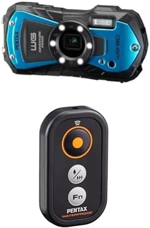 مجموعه دوربین ضدآب پنتاکس WG-90 آبی، مقاوم در برابر ضربه، مقاوم در برابر گرد و غبار، مقاوم در برابر یخ زدگی، دارای نور حلقوی 6-LED داخلی برای عکاسی ماکرو، حالت عکاسی زیر آب + کنترل از راه دور ضد آب پنتاکس 39892