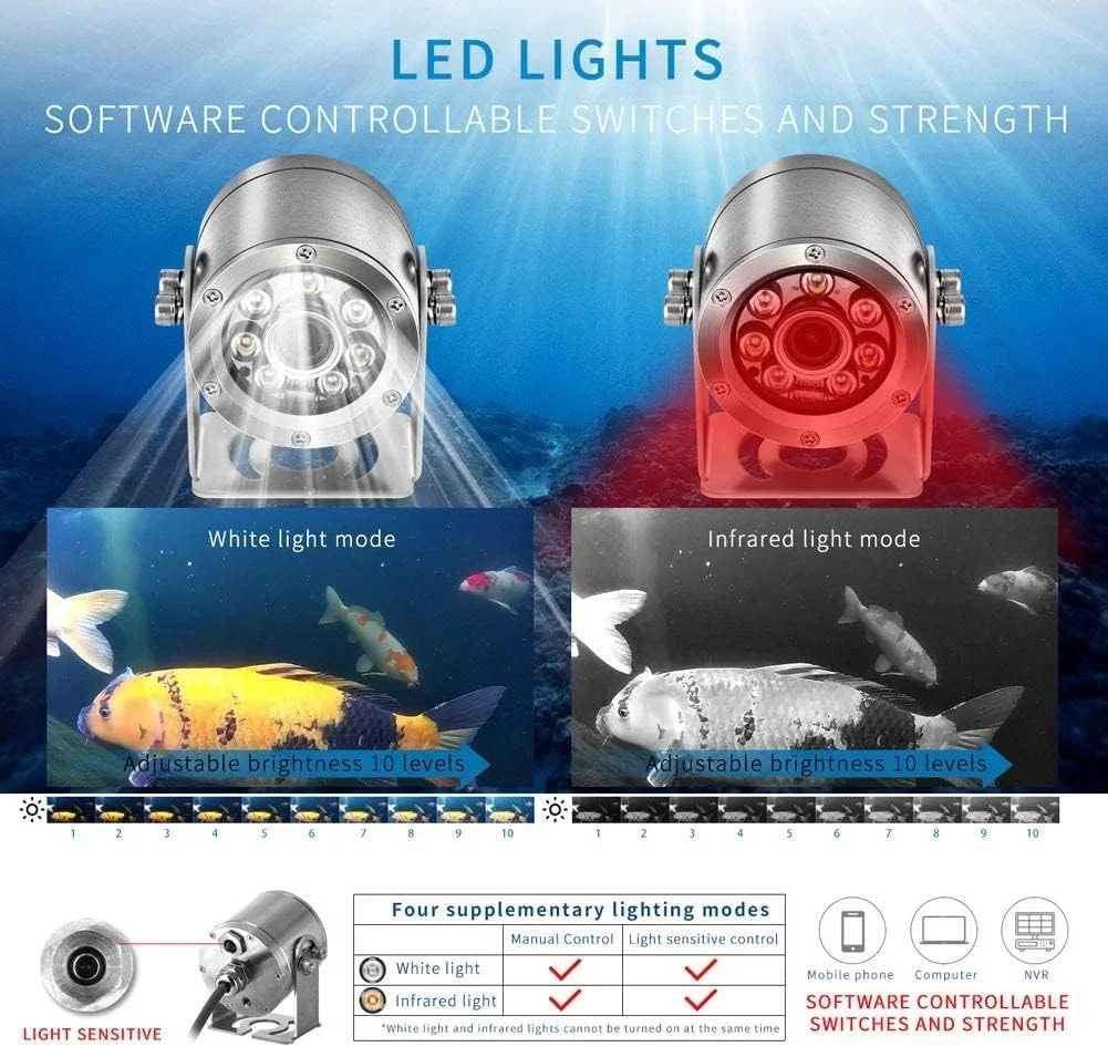 دوربین زیرآبی بارلوس POE 5MP با لنز CMOS و زاویه دید 100 درجه، بدنه استیل ضد زنگ مناسب آب دریا با نور کمکی و استاندارد ضدآب IP68، مناسب برای حوضچه ماهی کوی به صورت شبانه روزی با کابل 32 فوتی