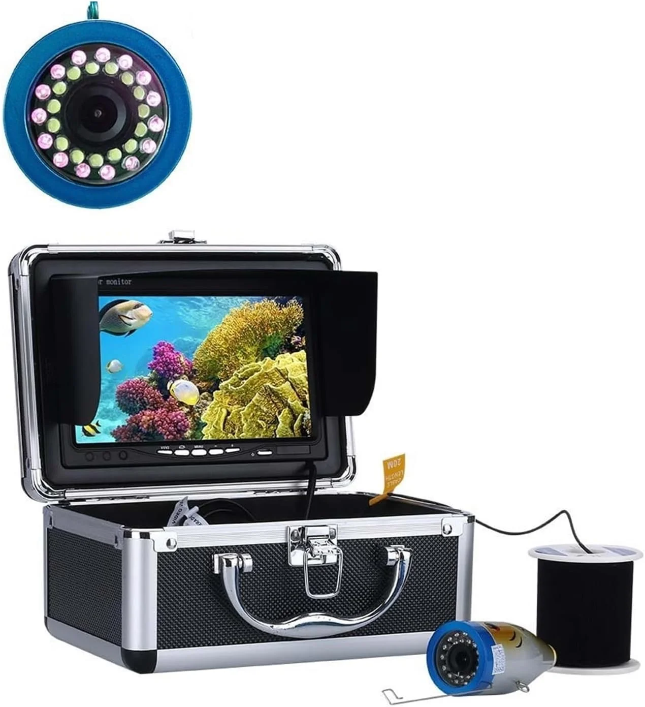 دوربین زیر آب، دوربین ماهیگیری زمستانی، ماهی یاب زیر آب 30 ال ای دی، 7 اینچ 15 متری 30 متری 50 متری IP68 ضد آب برای ماهیگیری در یخ/دریا/رودخانه (30 ال ای دی کابل 15 متری)