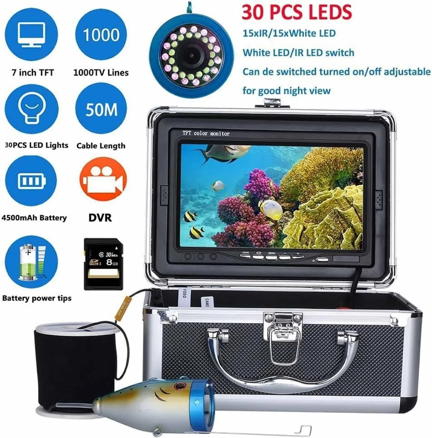 دوربین زیر آب، دوربین ماهی یاب زمستانی برای ماهیگیری در زیر آب 7 اینچی 1000TVL IP68 ضد آب 15 متری 30 متری 50 متری برای ماهیگیری در یخ/دریا/رودخانه (50 متری با DVR)
