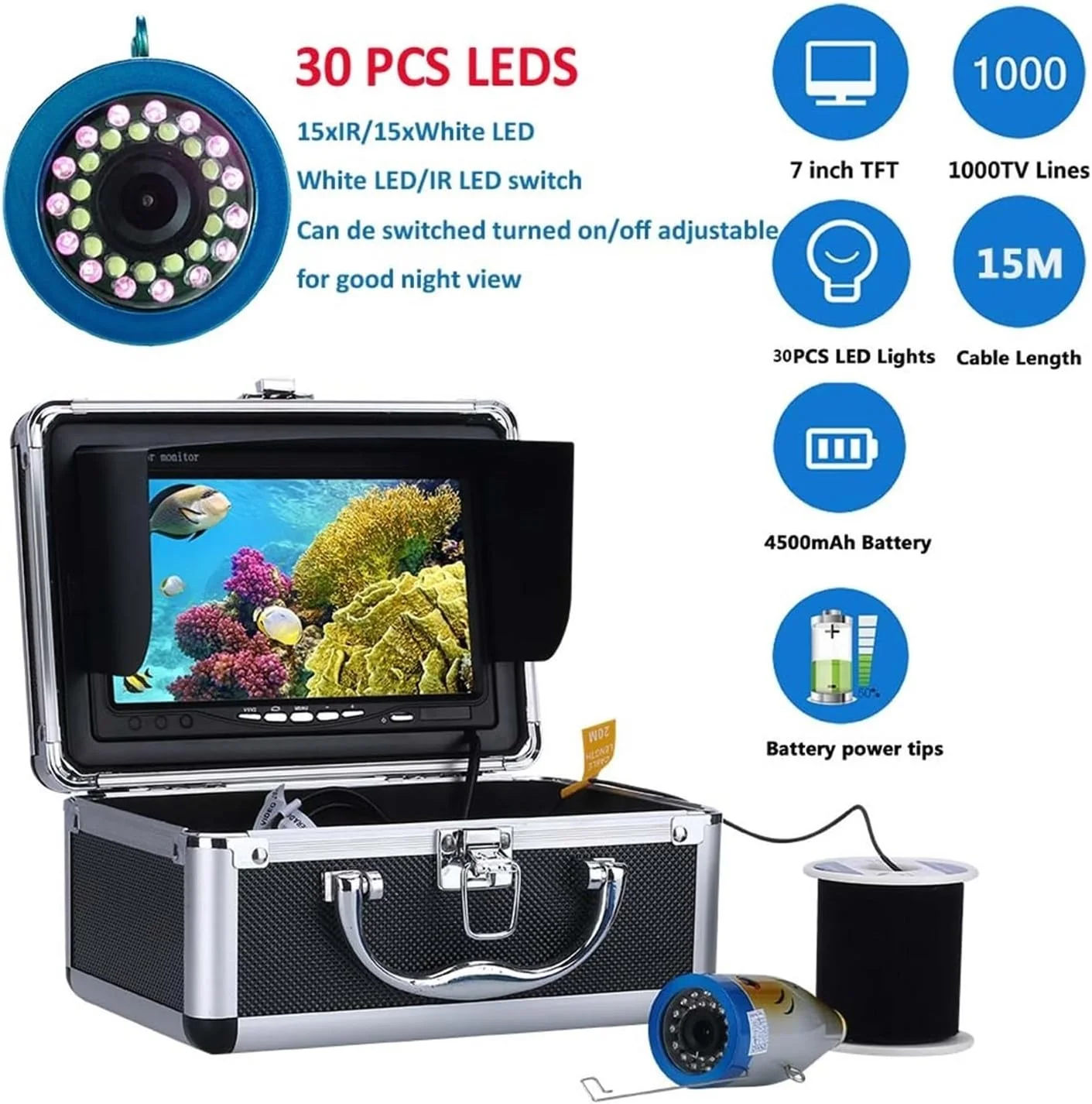 دوربین زیر آب، دوربین ماهیگیری زمستانی، ماهی یاب زیر آب 30 ال ای دی، 7 اینچ 15 متری 30 متری 50 متری IP68 ضد آب برای ماهیگیری در یخ/دریا/رودخانه (30 ال ای دی کابل 15 متری)