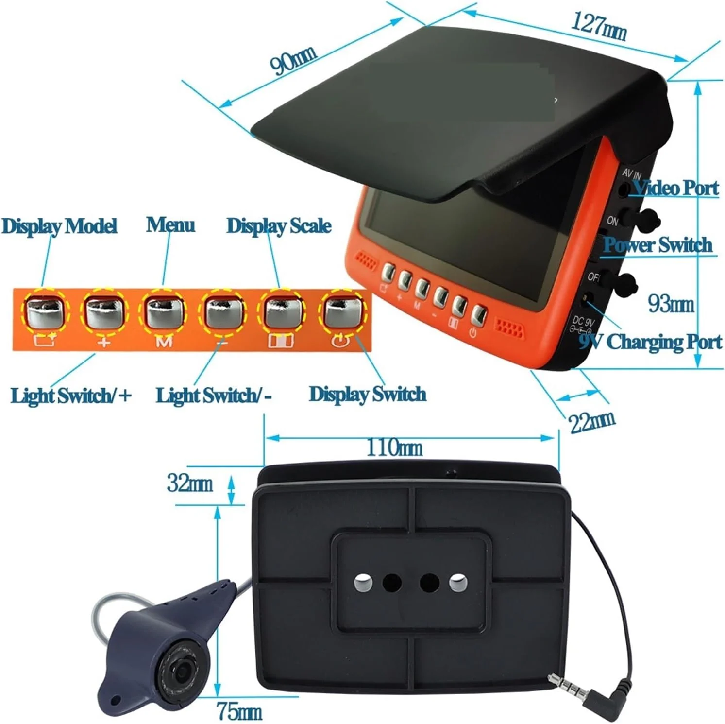 دوربین زیر آب، دوربین ماهیگیری زیر یخ HD 1000 خطی با صفحه نمایش 4.3 اینچی IPS و 8 چراغ مادون قرمز با قابلیت روشن/خاموش