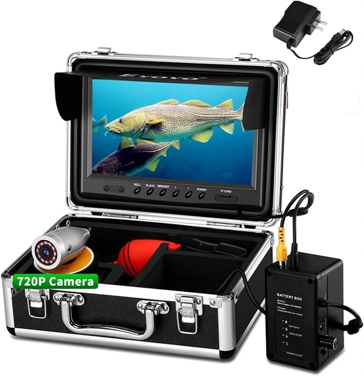 دوربین زیر آب، صفحه نمایش 9 اینچی IPS با وضوح 1024x600، کیت ماهی یاب با عملکرد DVR، دوربین فیلمبرداری ماهیگیری زیر آب 1.0 مگاپیکسلی AHD 720P با 12 چراغ IR (12 چراغ IR - 15 متری)