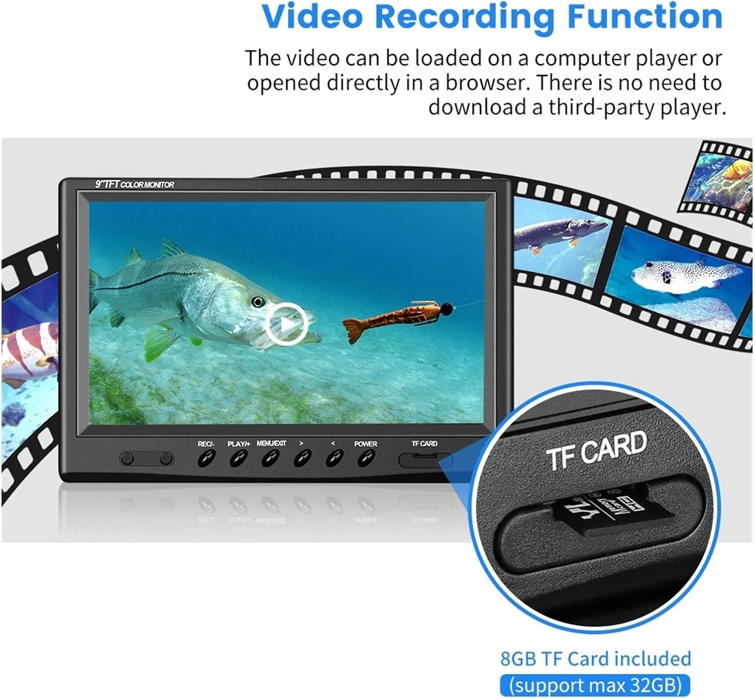 دوربین زیر آب، صفحه نمایش 9 اینچی IPS با وضوح 1024x600، کیت ماهی یاب با عملکرد DVR، دوربین فیلمبرداری ماهیگیری زیر آب 1.0 مگاپیکسلی AHD 720P با 12 چراغ IR (12 چراغ IR - 15 متری)