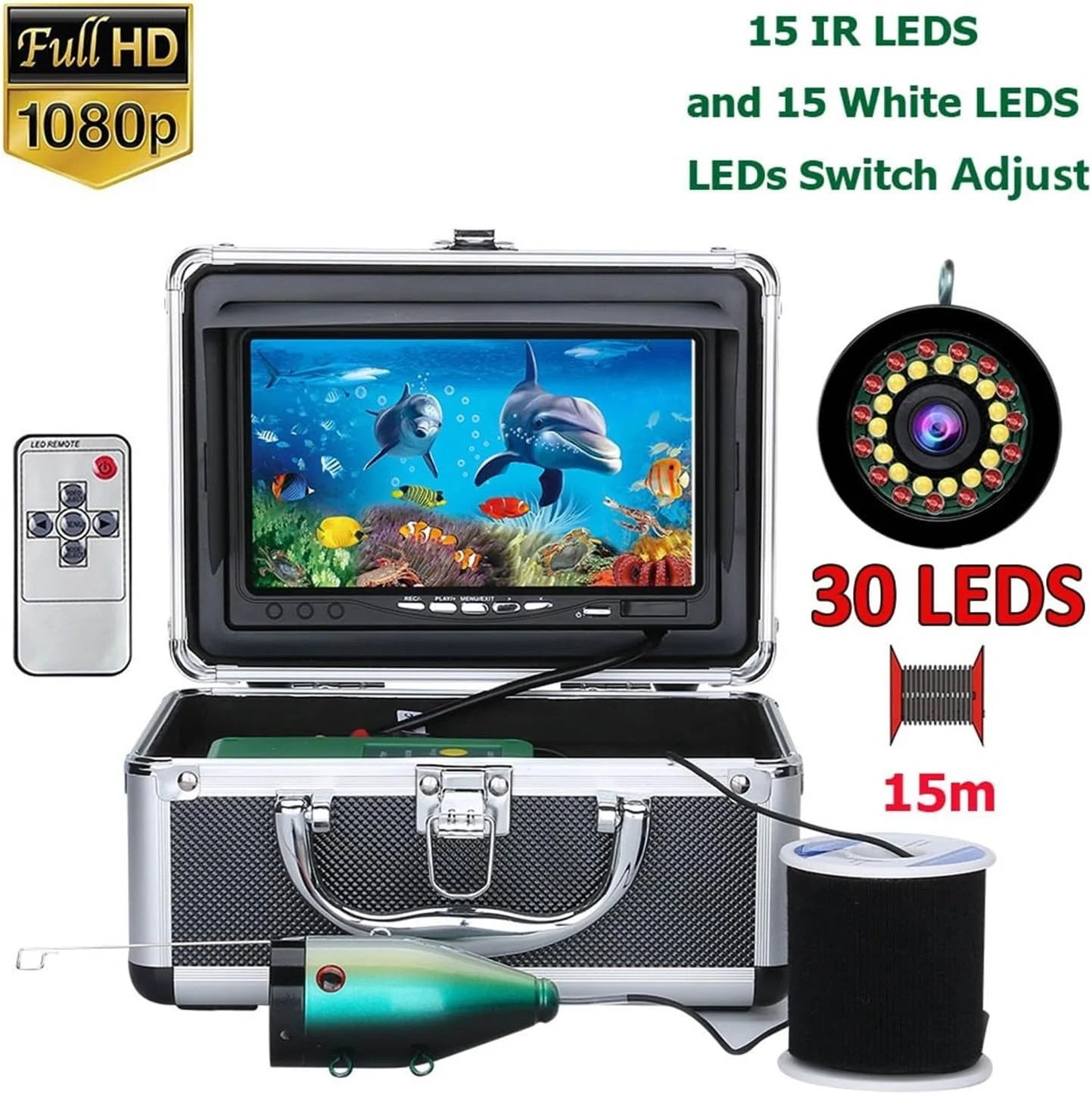 دوربین زیر آب، دوربین ماهی یاب IPS 7 اینچی با 15 LED سفید + 15 LED مادون قرمز 1080P با کابل 15 متری برای ماهیگیری در یخ (15 متر)