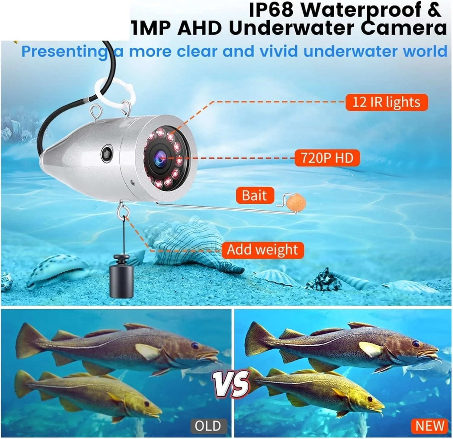 دوربین زیر آب، صفحه نمایش 9 اینچی IPS با وضوح 1024x600، کیت ماهی یاب با عملکرد DVR، دوربین فیلمبرداری ماهیگیری زیر آب 1.0 مگاپیکسلی AHD 720P با 12 چراغ IR (12 چراغ IR - 15 متری)