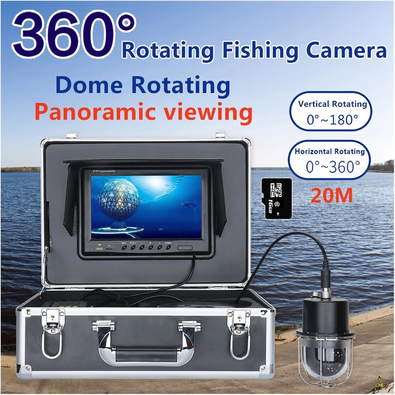 دوربین زیر آب، ضبط کننده DVR 9 اینچی دوربین فیلمبرداری ماهیگیری زیر آب با 20 LED و قابلیت چرخش 360 درجه ای گنبدی و نمایش پانوراما (20 متری)