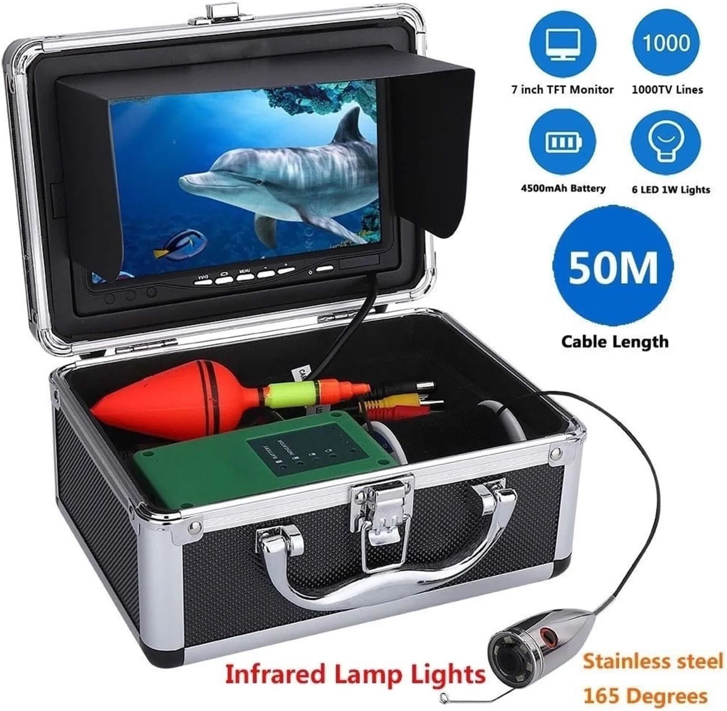 دوربین زیر آب، کیت دوربین فیلمبرداری ماهیگیری زیر آب با 6 چراغ LED و مانیتور رنگی 7 اینچی برای ماهیگیری روی یخ (کابل 50 متری IR LED)