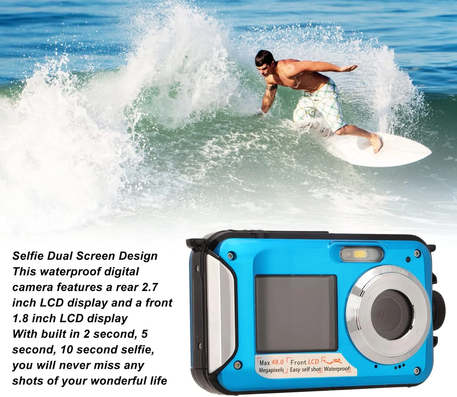 دوربین ضد آب، دوربین ضد آب تا عمق 3.3 متری، دوربین دو صفحه نمایش سلفی با فوکوس خودکار Full HD 2.7K 48MP به همراه بند شناور و نور پرکننده برای غواصی (آبی)