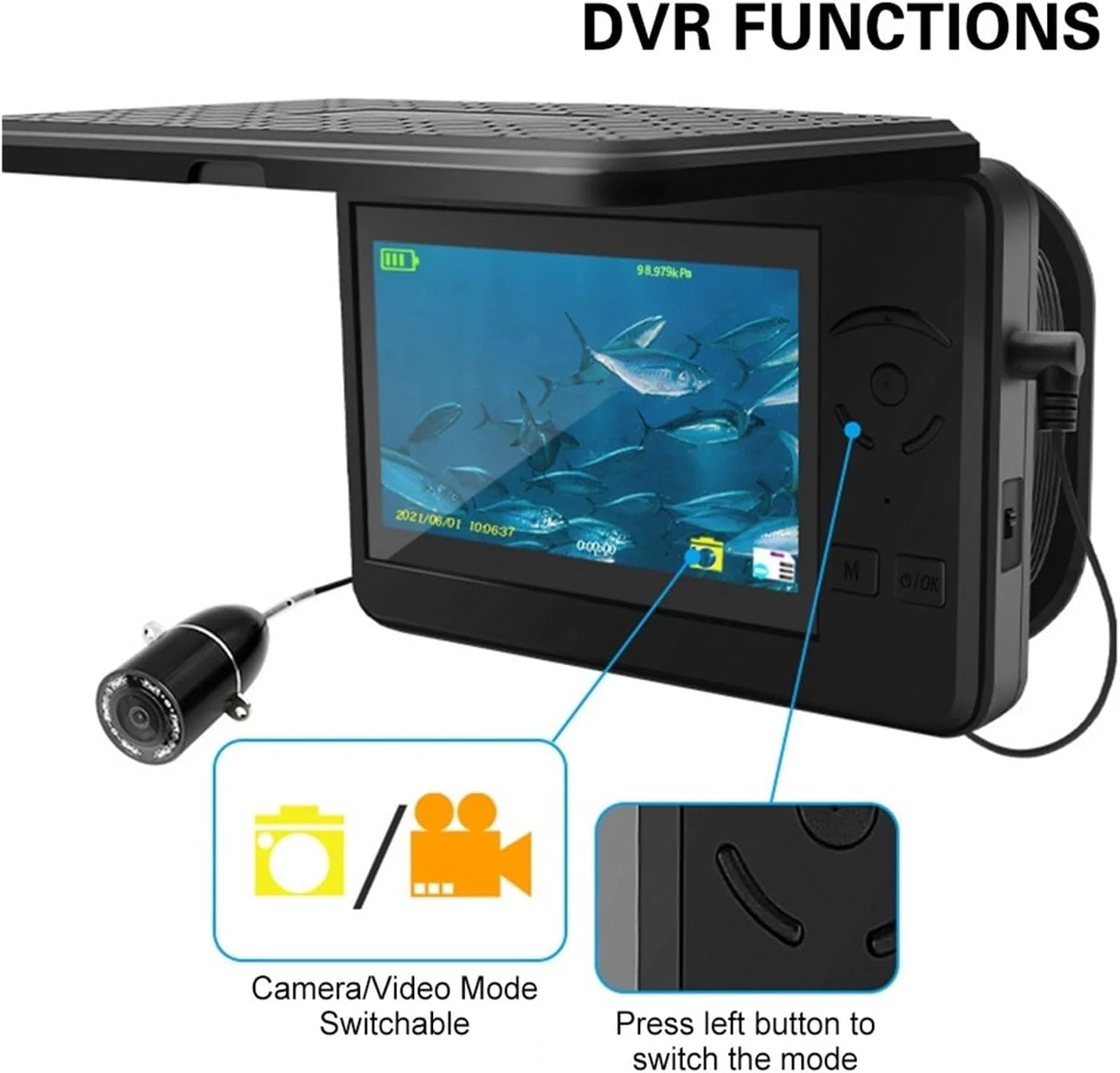 دوربین زیر آب، دوربین ماهیگیری قابل حمل ضد آب با صفحه نمایش 4.3 اینچی LCD برای ماهیگیری در قایق، دریاچه یخ زده