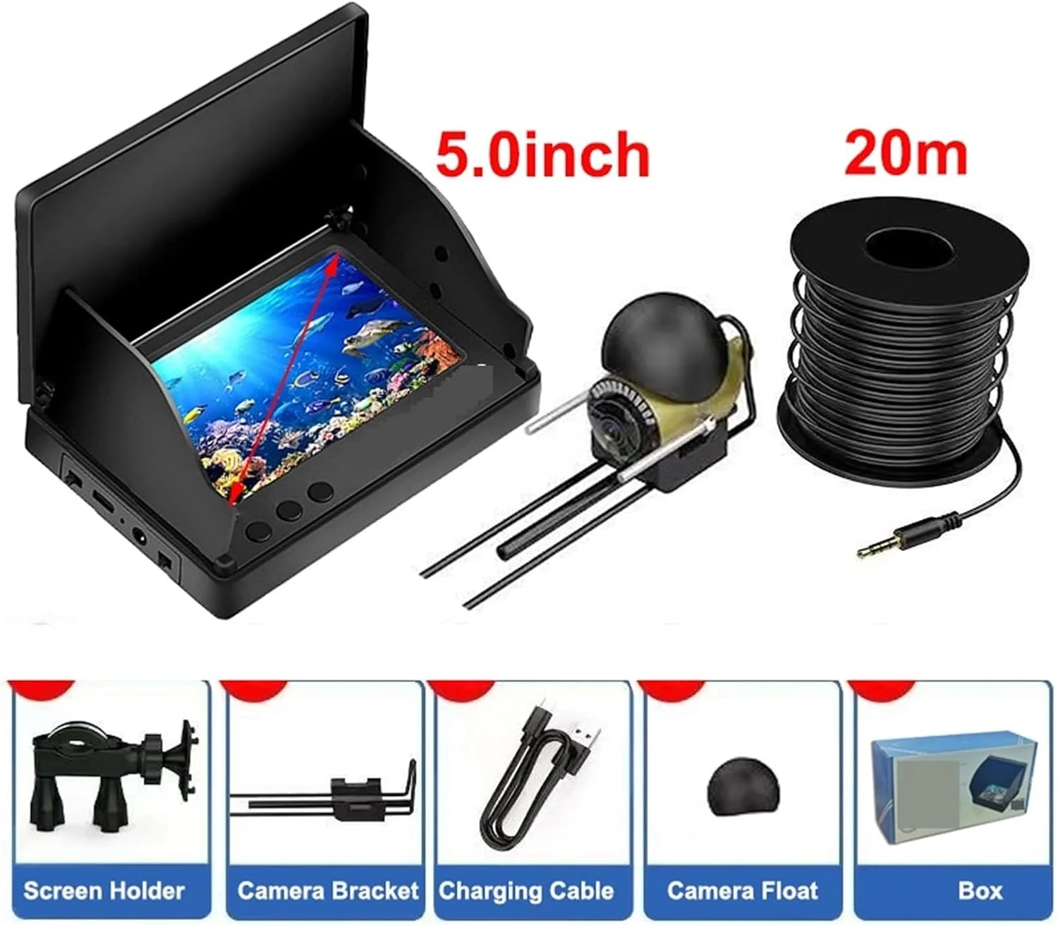 دوربین زیر آب، ماهی یاب ویدیویی قابل حمل LCD با صفحه نمایش 5.0/4.3 اینچی، دوربین ماهیگیری ضد آب IPS 1080P با زاویه دید 220 درجه و 9 ساعت استقامت و دید در شب