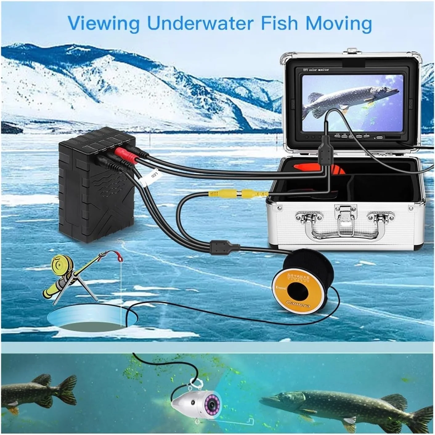 دوربین زیر آب، کیت ماهی یاب مانیتور رنگی 7 اینچی زیر آب با 12 عدد دوربین ماهیگیری IR با کابل 15 متری 30 متری 50 متری، کیف حمل آلومینیومی ضد آب (B IR 30M)