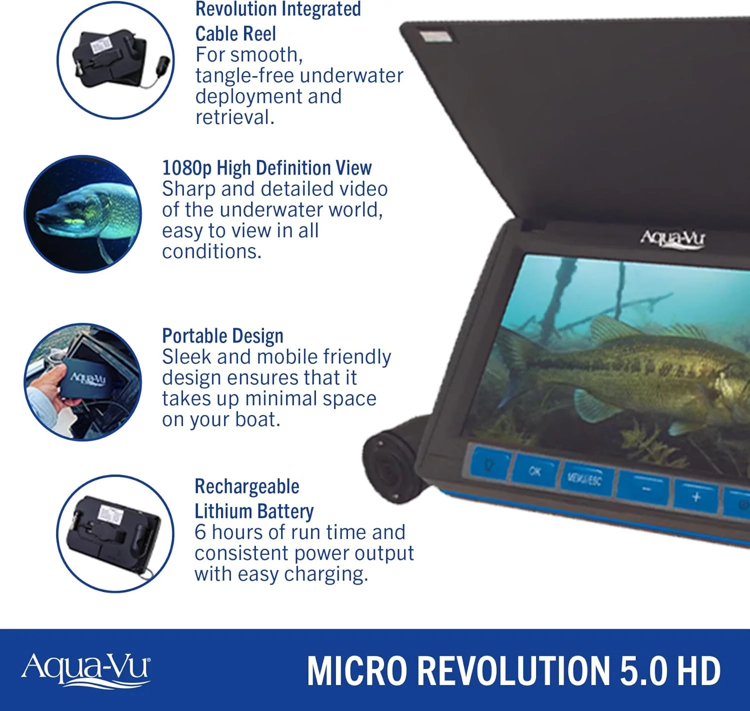 دوربین ماهیگیری زیرآبی Aqua-Vu Micro Revolution 5.0 HD – LCD قابل حمل 5 اینچی، ویدیوی 1080p، کابل 60 فوتی، نور IR، قرقره Revolution – ماهیگیری روی یخ، ماهیگیری با کایاک، سونار و همراه ماهی یاب