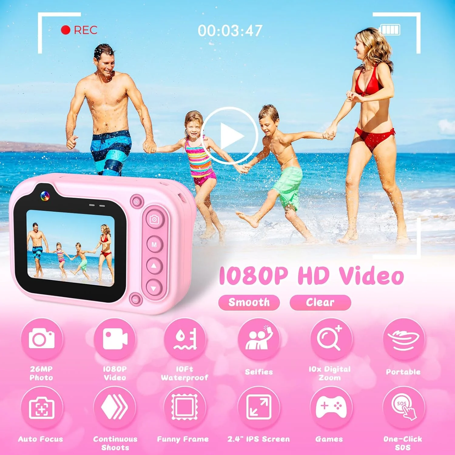 دوربین دیجیتال ضد آب 3 متری 1080P Full HD 26MP، دوربین زیر آب با زوم دیجیتال 10X برای غواصی، سلفی های زیر آب، شنا، ساحل، پارک آبی - صورتی