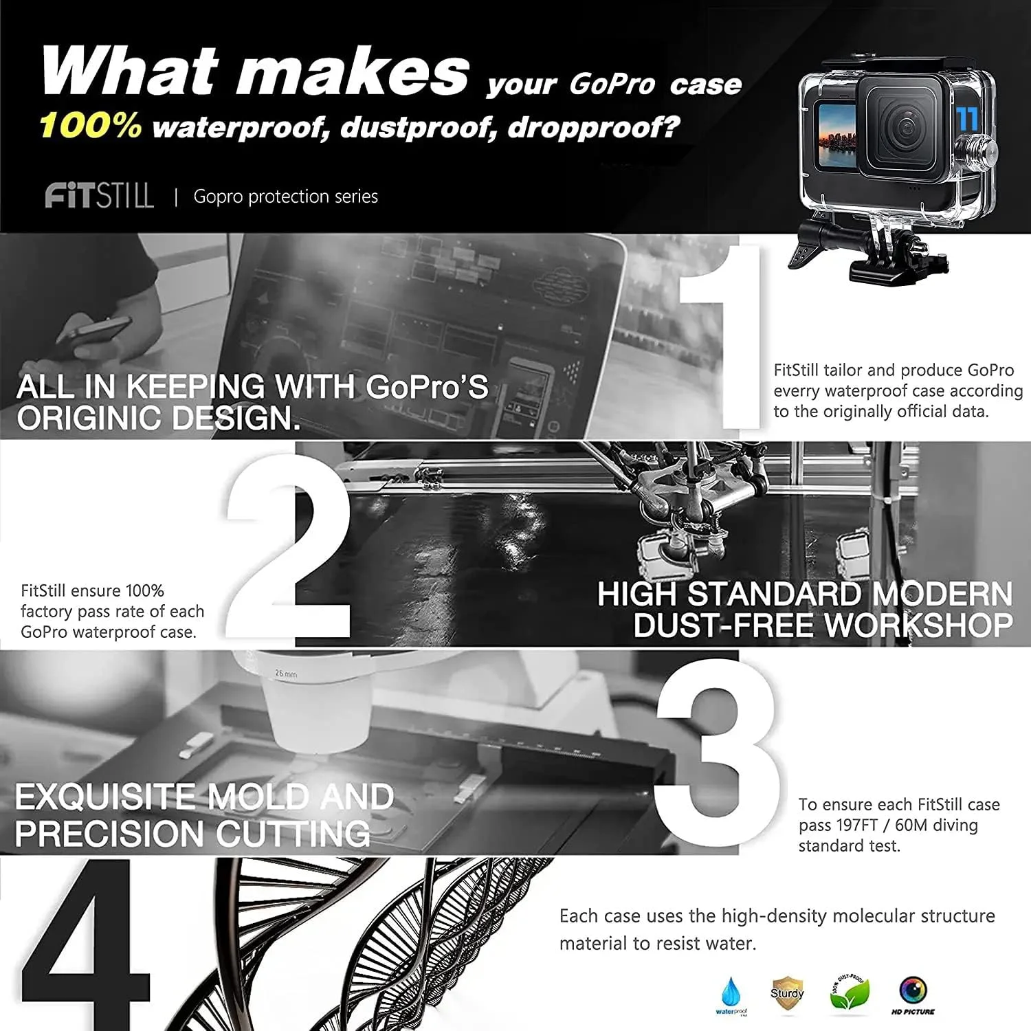 محفظه ضد آب FitStill تا عمق 60 متری برای گو پرو هیرو 13، هیرو 12، هیرو 11، هیرو 10، هیرو 9 بلک، محافظ زیر آب برای دوربین های اکشن گو پرو هیرو 13/12/11/10/9 بلک، مناسب غواصی، شنا و اسنورکلینگ