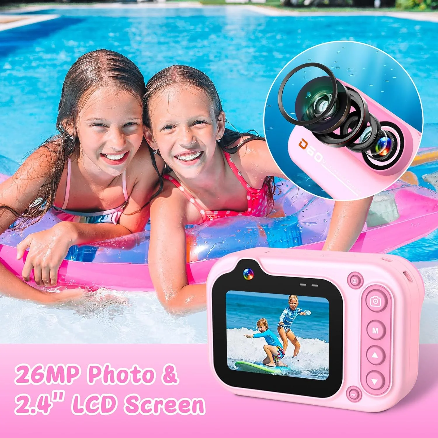 دوربین دیجیتال ضد آب 3 متری 1080P Full HD 26MP، دوربین زیر آب با زوم دیجیتال 10X برای غواصی، سلفی های زیر آب، شنا، ساحل، پارک آبی - صورتی