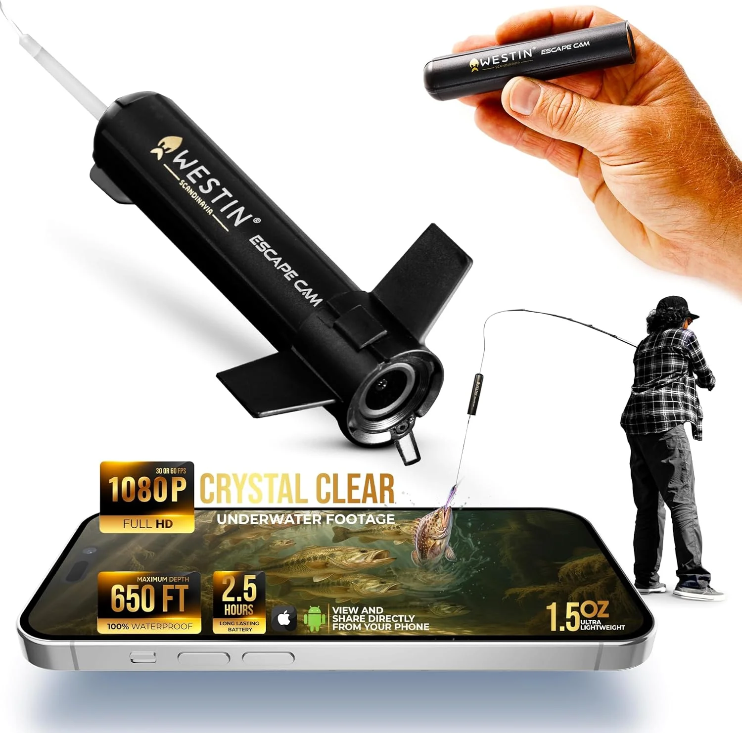 دوربین زیرآبی Westin Escape Cam | دوربین ماهیگیری زیرآبی سبک وزن، مجموعه کامل، مشکی