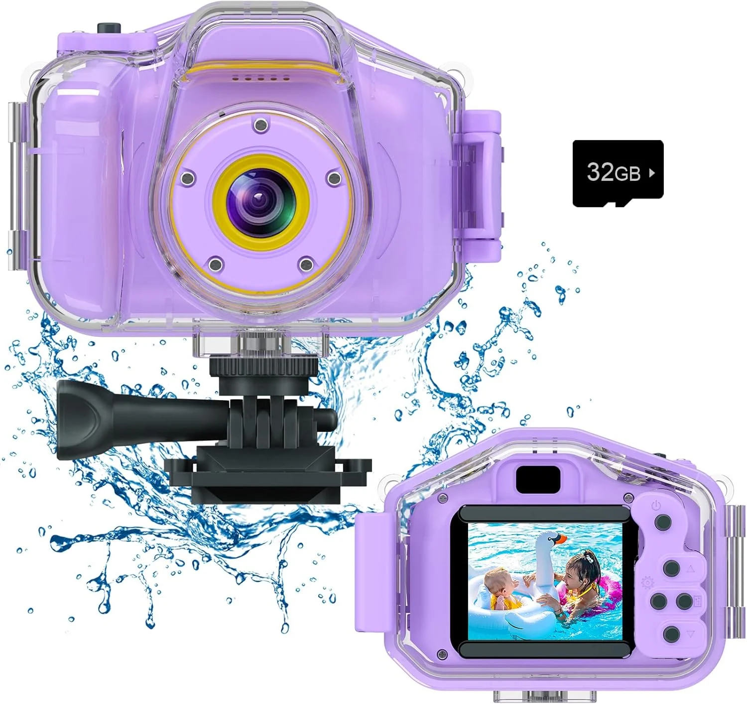 دوربین ضد آب کودکان، هدیه تولد و کریسمس برای پسران و دختران 3 تا 9 ساله، دوربین فیلمبرداری دیجیتال HD کودکان، دوربین اسباب بازی قابل حمل کودک زیر آب با صفحه نمایش 2 اینچی و کارت 32 گیگابایتی (بنفش)