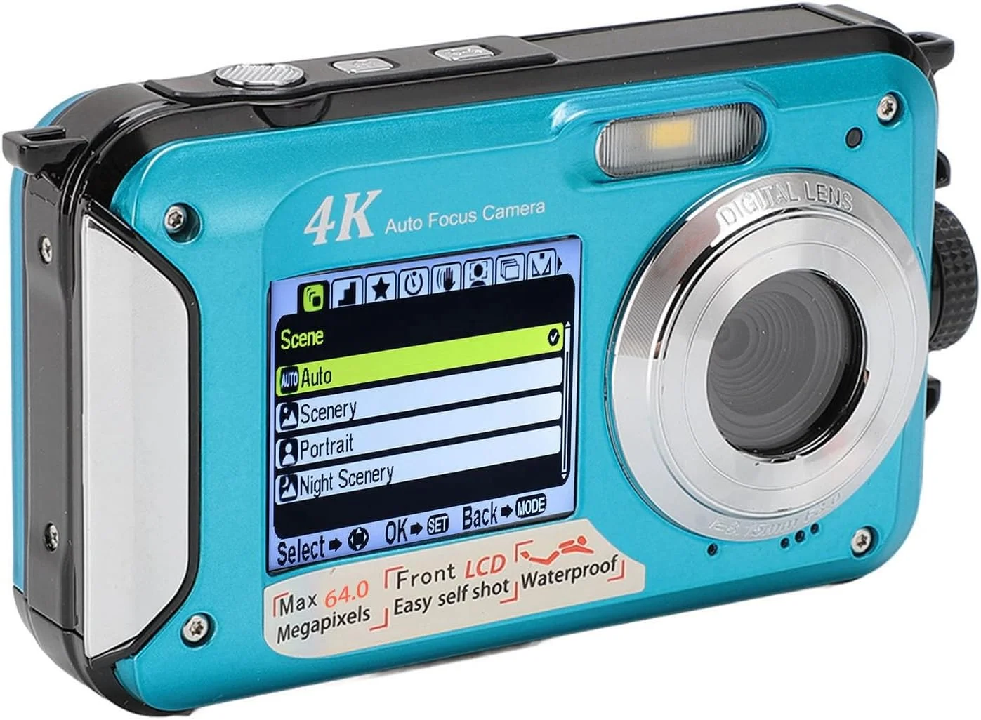 دوربین 4K زیر آب 56 مگاپیکسل فوکوس خودکار دو صفحه نمایش، امکان فیلمبرداری هنگام شارژ، مناسب برای سلفی (آبی)