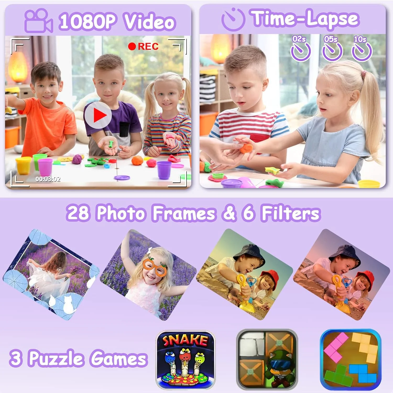 دوربین ضد آب کودکان، هدیه تولد و کریسمس برای پسران و دختران 3 تا 9 ساله، دوربین فیلمبرداری دیجیتال HD کودکان، دوربین اسباب بازی قابل حمل کودک زیر آب با صفحه نمایش 2 اینچی و کارت 32 گیگابایتی (بنفش)