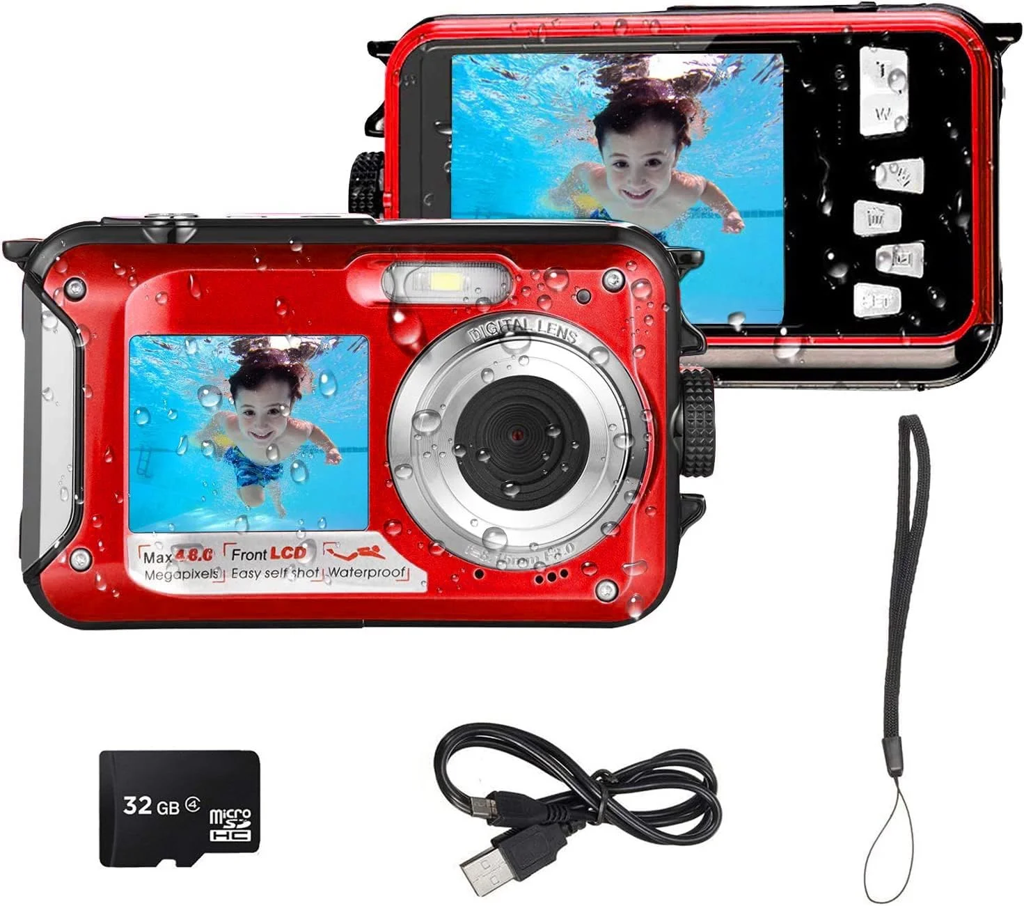 دوربین دیجیتال ضد آب Acuvar 48MP با کارت 32 گیگابایتی، دوربین دیجیتال ضد آب تا عمق 3.5 متر، سلفی دو صفحه نمایش، فوکوس خودکار، دوربین شناور جمع و جور با باتری 1250 میلی آمپر (قرمز)