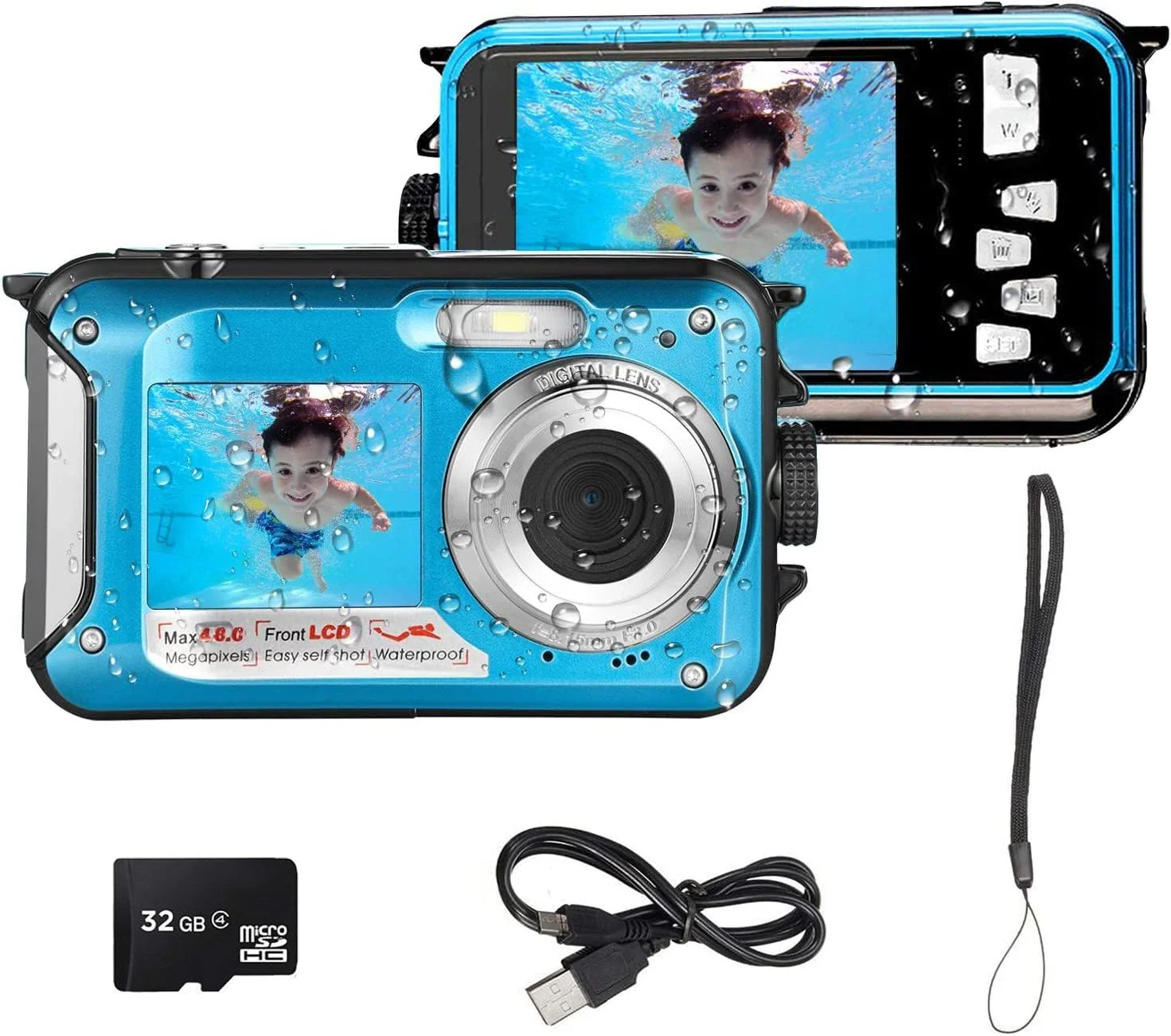 دوربین دیجیتال ضد آب آکووار 48 مگاپیکسل با کارت حافظه 32 گیگابایتی - دوربین غواصی جمع و جور شناور با صفحه نمایش دوگانه، فوکوس خودکار و باتری 1250 میلی آمپر (آبی)