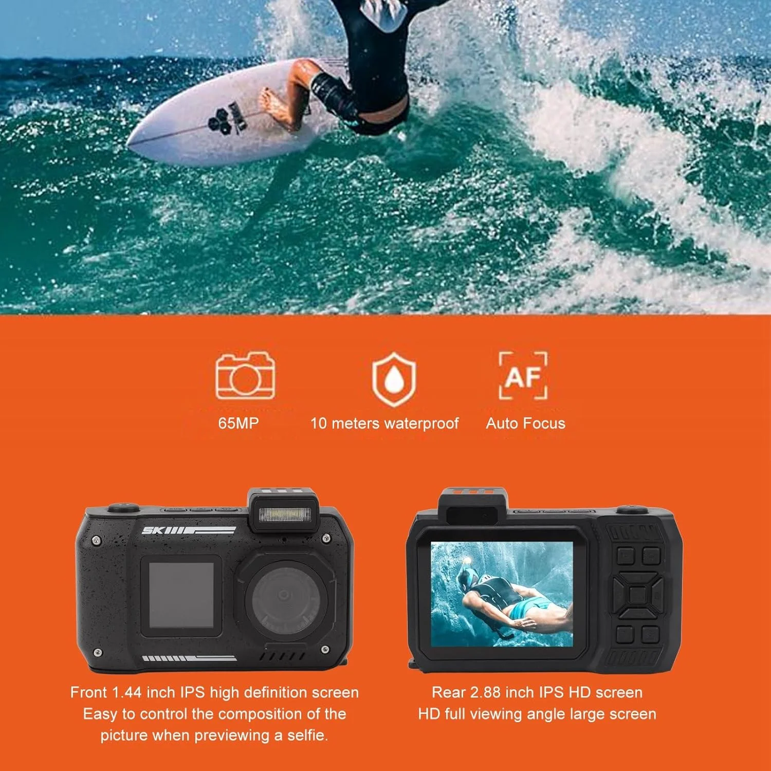 دوربین زیرآبی 4K Dpofirs، دوربین دیجیتال ضد آب تا عمق 10 متر، دوربین سلفی دو صفحه نمایش با فوکوس خودکار 65 مگاپیکسل، ضد گرد و غبار و ضد ضربه، دوربین شناور، برای غواصی و ورزش های آبی (مشکی)