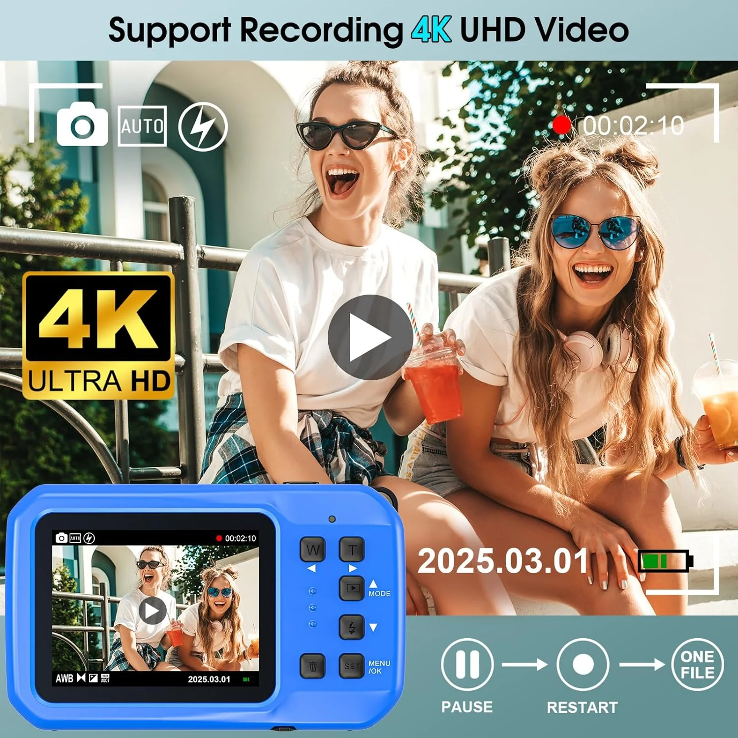 دوربین زیر آب 4K، 64 مگاپیکسل، ضد آب تا عمق 5 متر، شناور، فوکوس خودکار، صفحه نمایش IPS HD، کارت 32 گیگابایتی، زوم دیجیتال 16 برابر، آبی