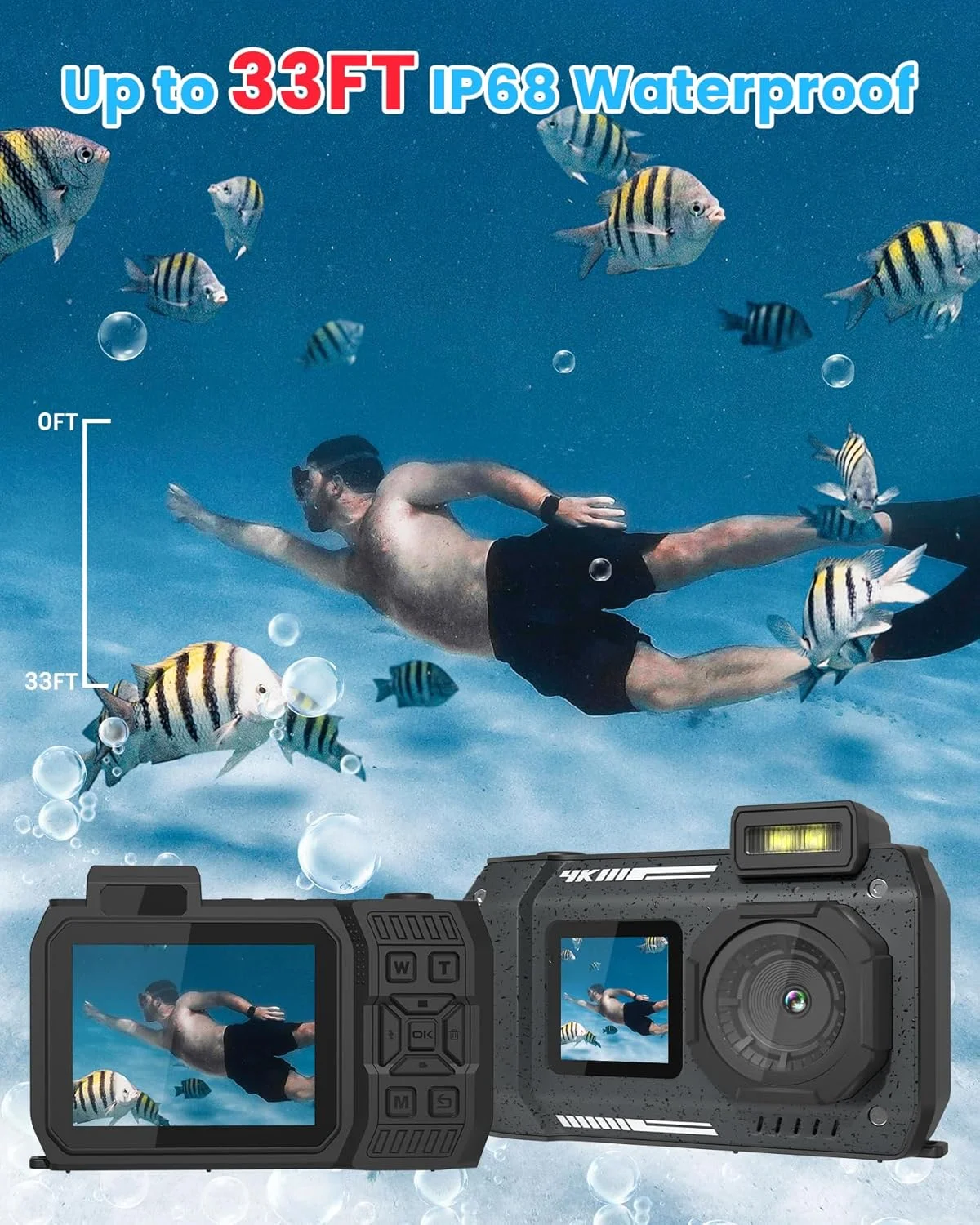 دوربین زیر آب آکاسو 4K 48MP با کارت حافظه 64 گیگابایتی، دو صفحه نمایش، مقاوم و ضد آب برای غواصی و شنا (مشکی)